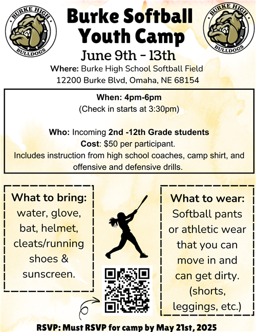 Burke Softball Youth Camp June 9th - 13th Where: Burke High School Softball Field 12200 Burke Blvd, Omaha, NE 68154 When: 4pm